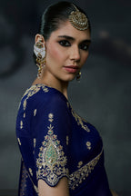 Deep Royal Navy Blue Organza Saree with Intricate Stone & Zari Fancy Border