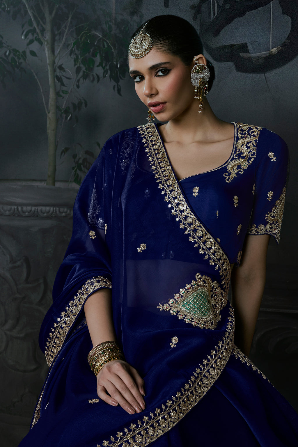 Deep Royal Navy Blue Organza Saree with Intricate Stone & Zari Fancy Border