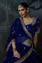 Deep Royal Navy Blue Organza Saree with Intricate Stone & Zari Fancy Border