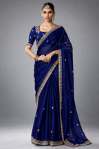 Deep Royal Navy Blue Organza Saree with Intricate Stone & Zari Fancy Border