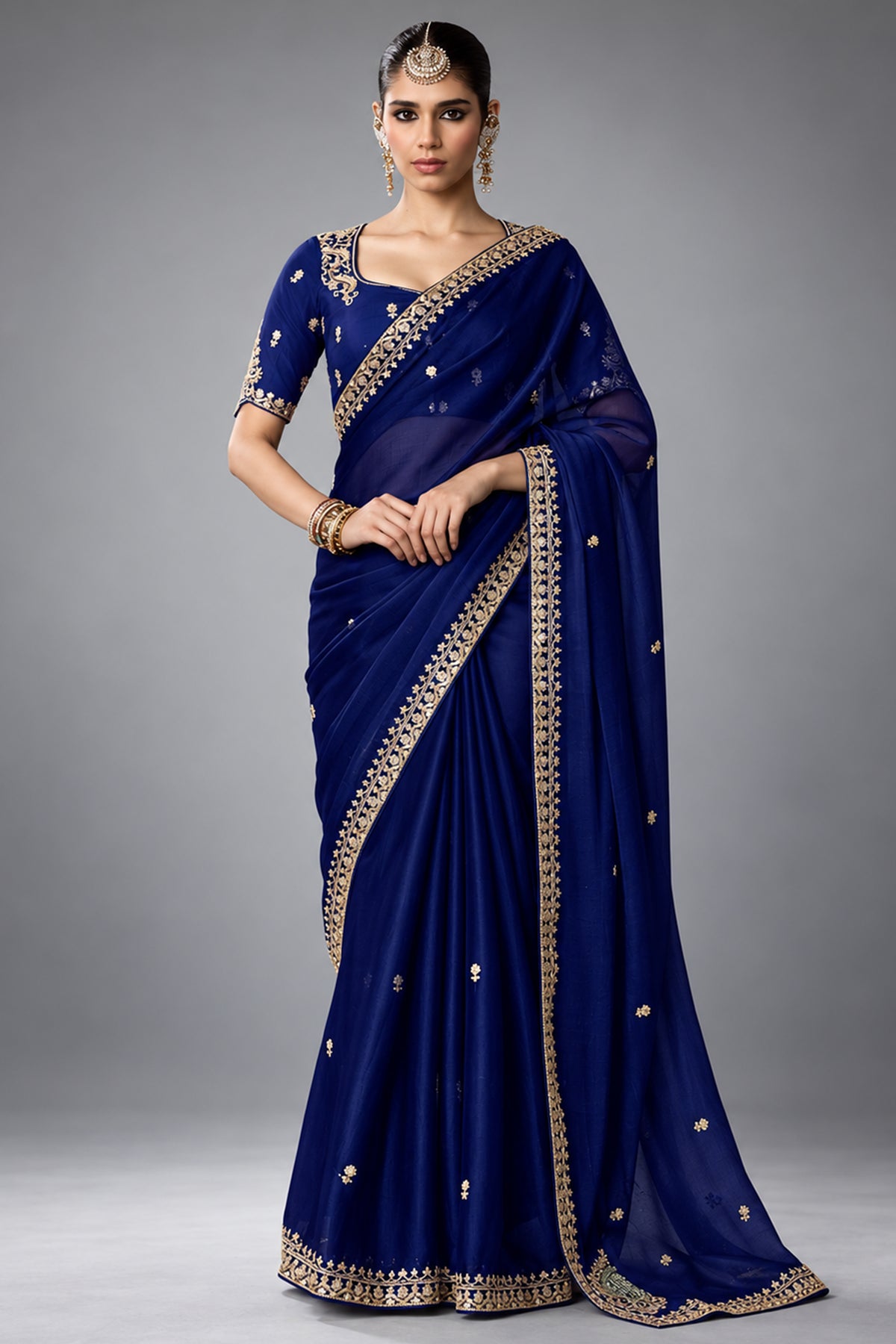 Deep Royal Navy Blue Organza Saree with Intricate Stone & Zari Fancy Border