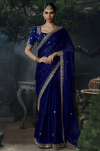 Deep Royal Navy Blue Organza Saree with Intricate Stone & Zari Fancy Border
