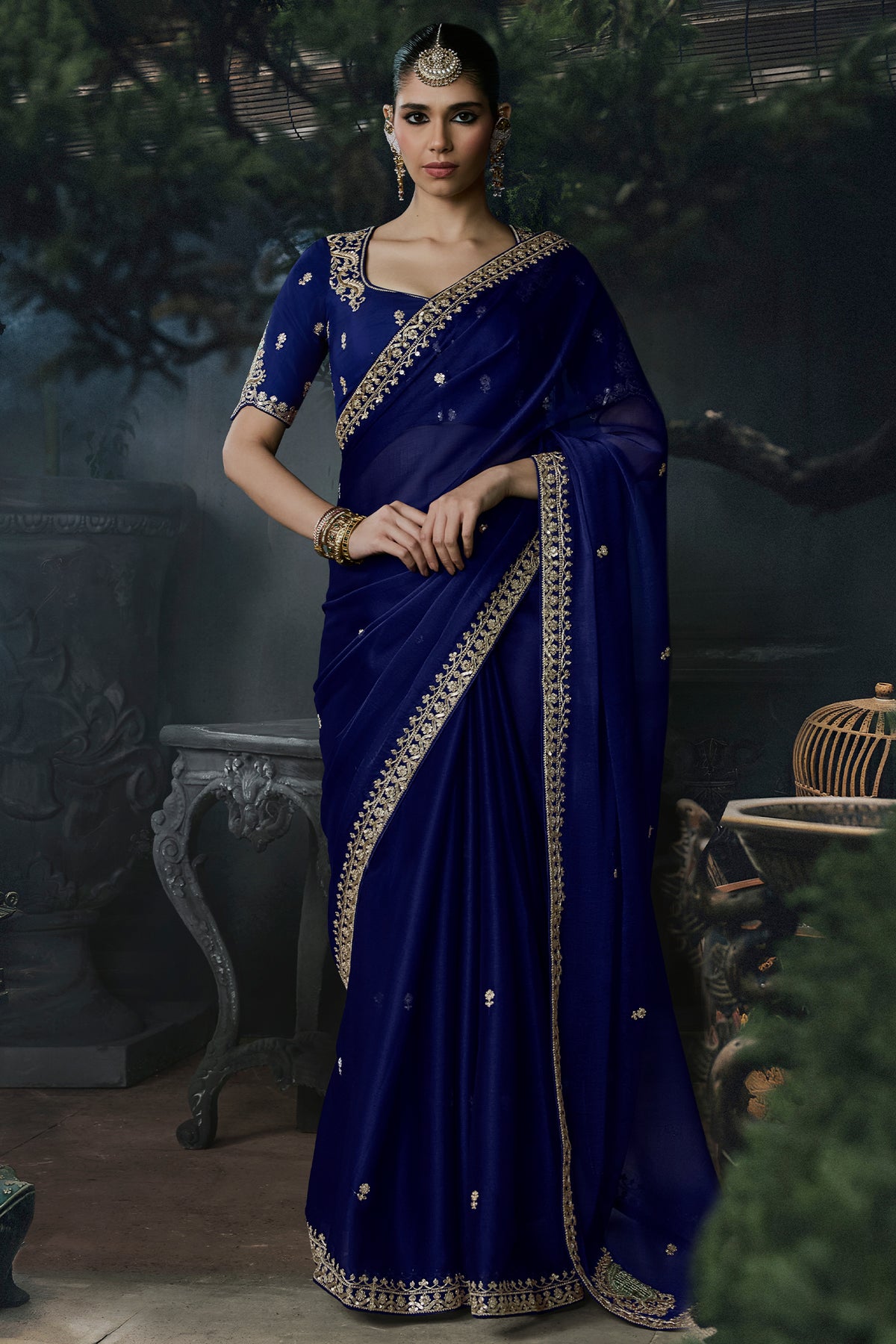 Deep Royal Navy Blue Organza Saree with Intricate Stone & Zari Fancy Border