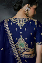 Deep Royal Navy Blue Organza Saree with Intricate Stone & Zari Fancy Border