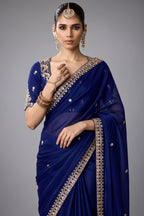 Deep Royal Navy Blue Organza Saree with Intricate Stone & Zari Fancy Border