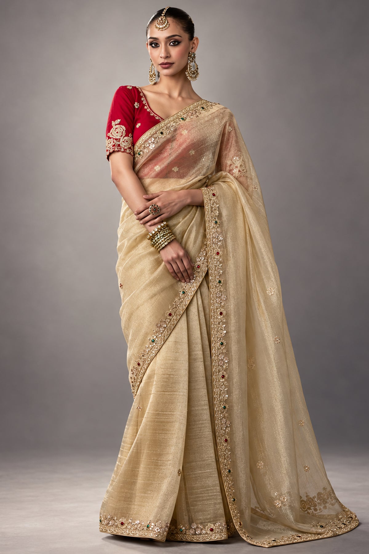 Ivory Beige Organza Designer Saree with Embroidered Border