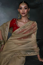 Ivory Beige Organza Designer Saree with Embroidered Border