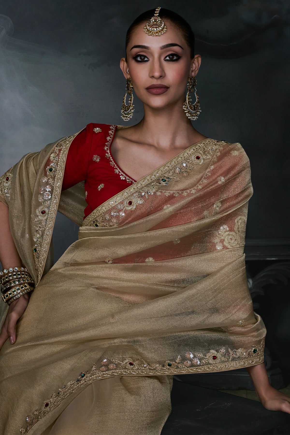 Ivory Beige Organza Designer Saree with Embroidered Border