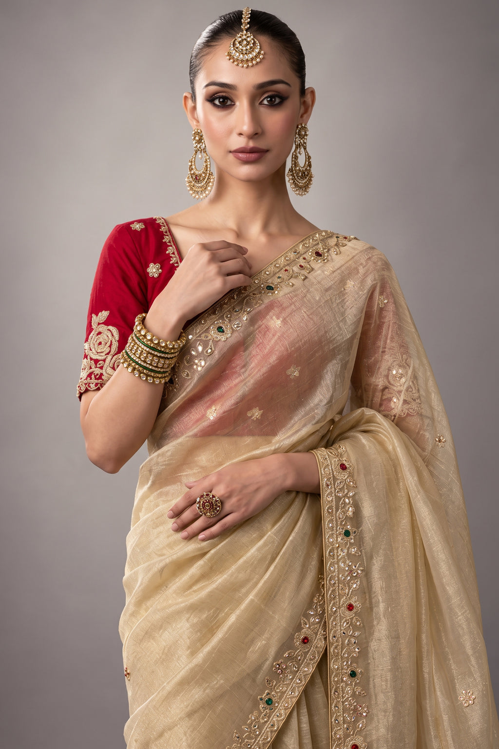 Ivory Beige Organza Designer Saree with Embroidered Border
