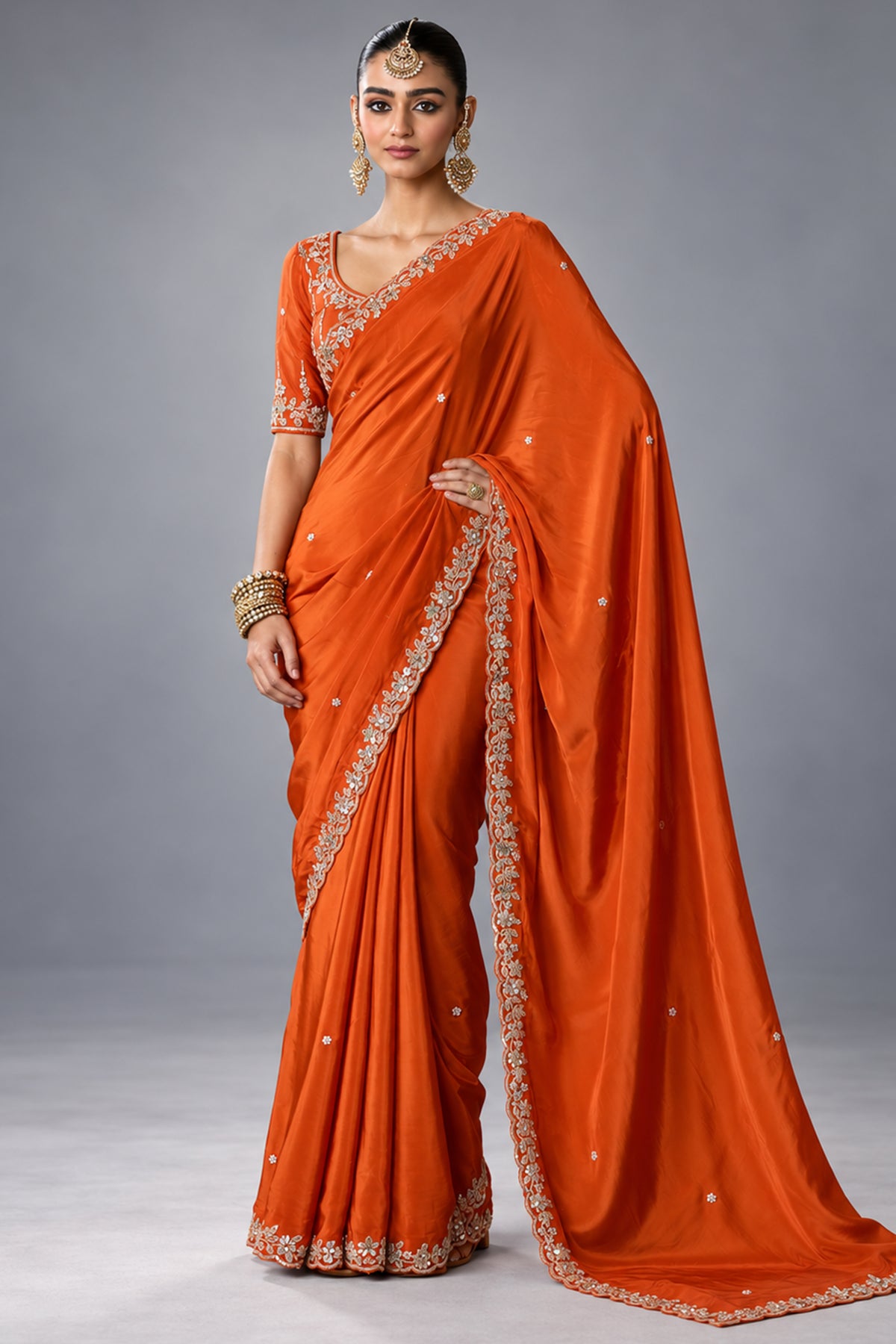 Rust Orange Lightweight Organza Saree with Sequined Border Work