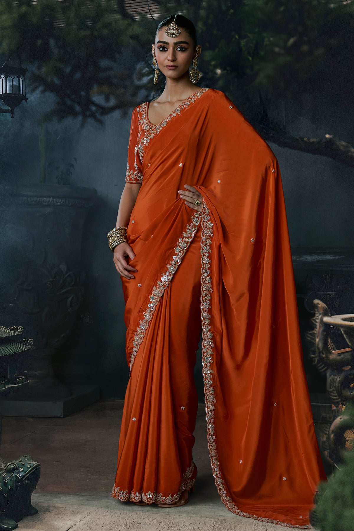 Rust Orange Lightweight Organza Saree with Sequined Border Work
