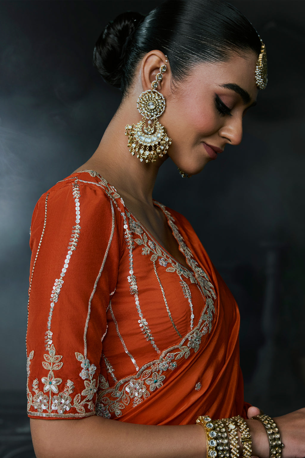 Rust Orange Lightweight Organza Saree with Sequined Border Work