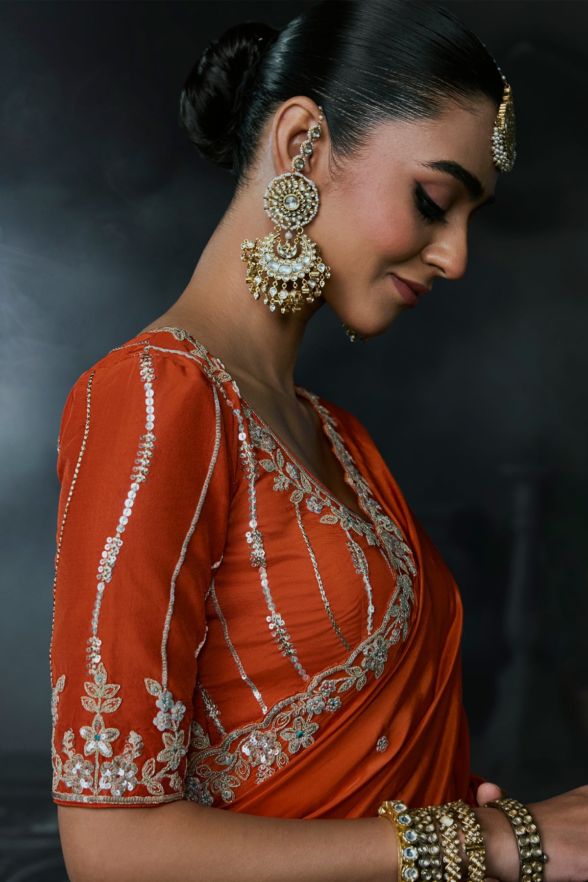 Rust Orange Lightweight Organza Saree with Sequined Border Work