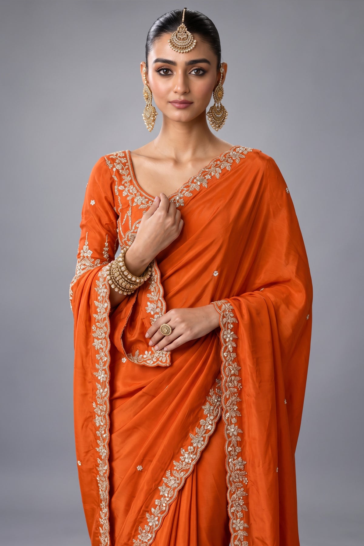 Rust Orange Lightweight Organza Saree with Sequined Border Work