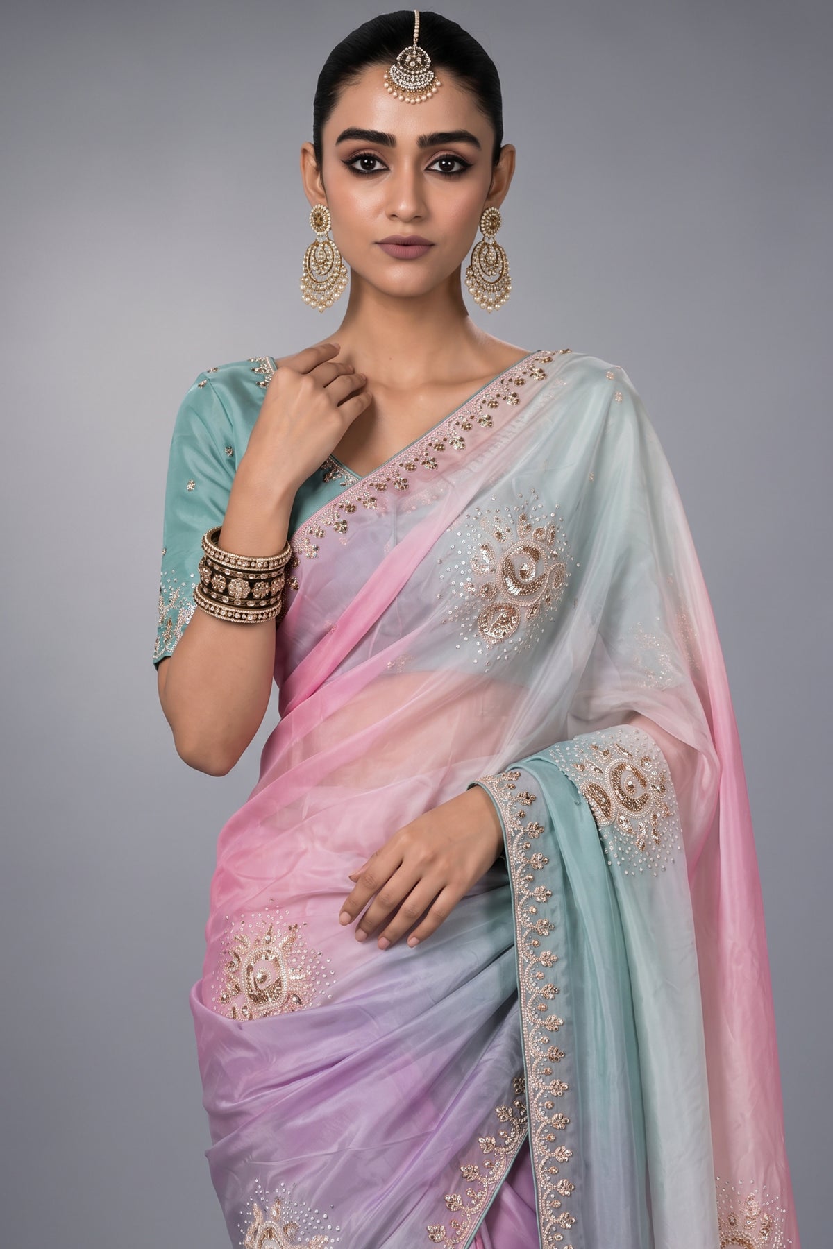 Seafoam to Lavender Ombre Dual-Tone Tissue Silk Saree with Delicate Gold Trims