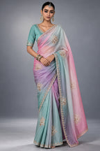 Seafoam to Lavender Ombre Dual-Tone Tissue Silk Saree with Delicate Gold Trims