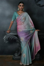 Seafoam to Lavender Ombre Dual-Tone Tissue Silk Saree with Delicate Gold Trims