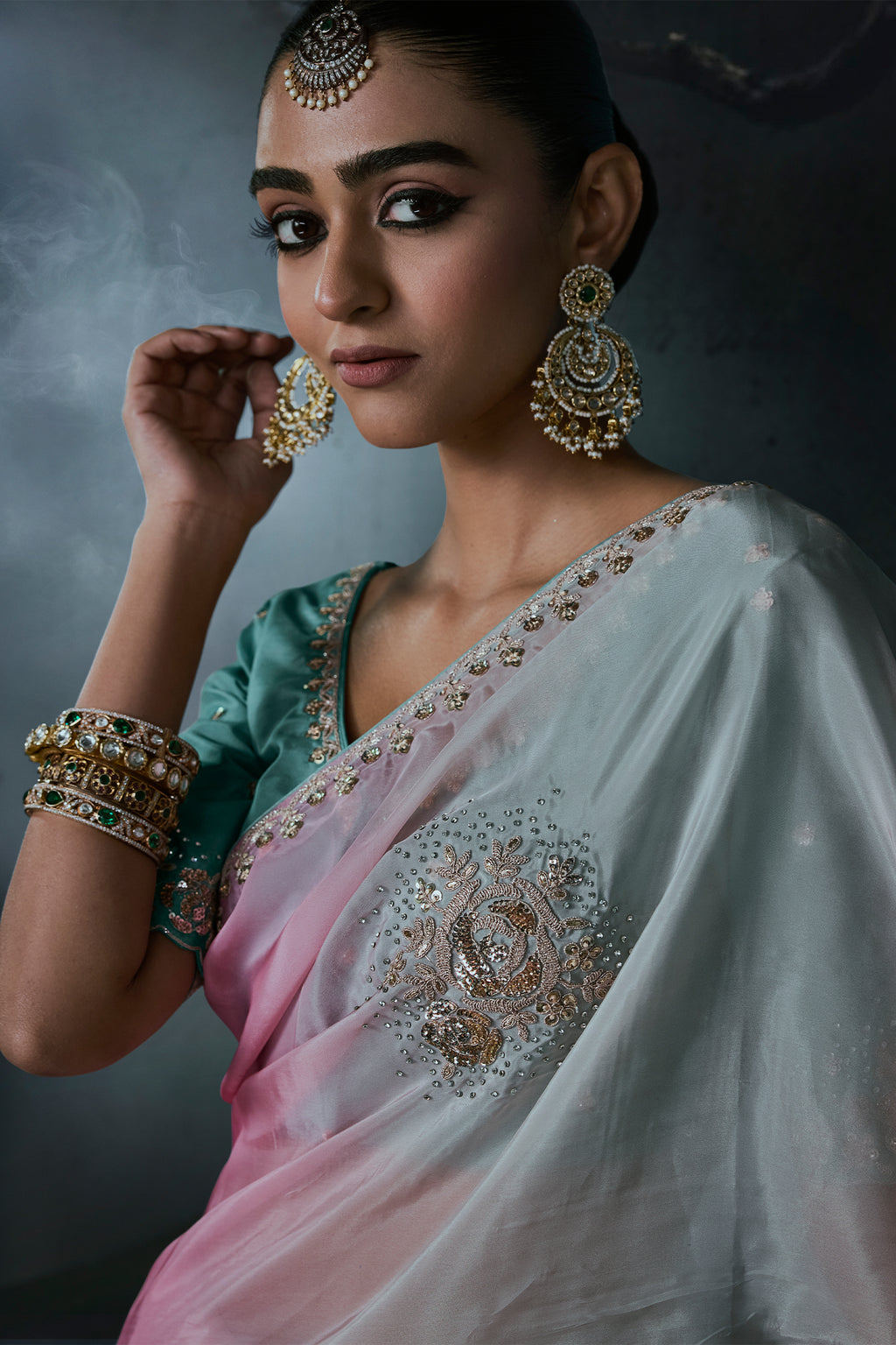 Seafoam to Lavender Ombre Dual-Tone Tissue Silk Saree with Delicate Gold Trims