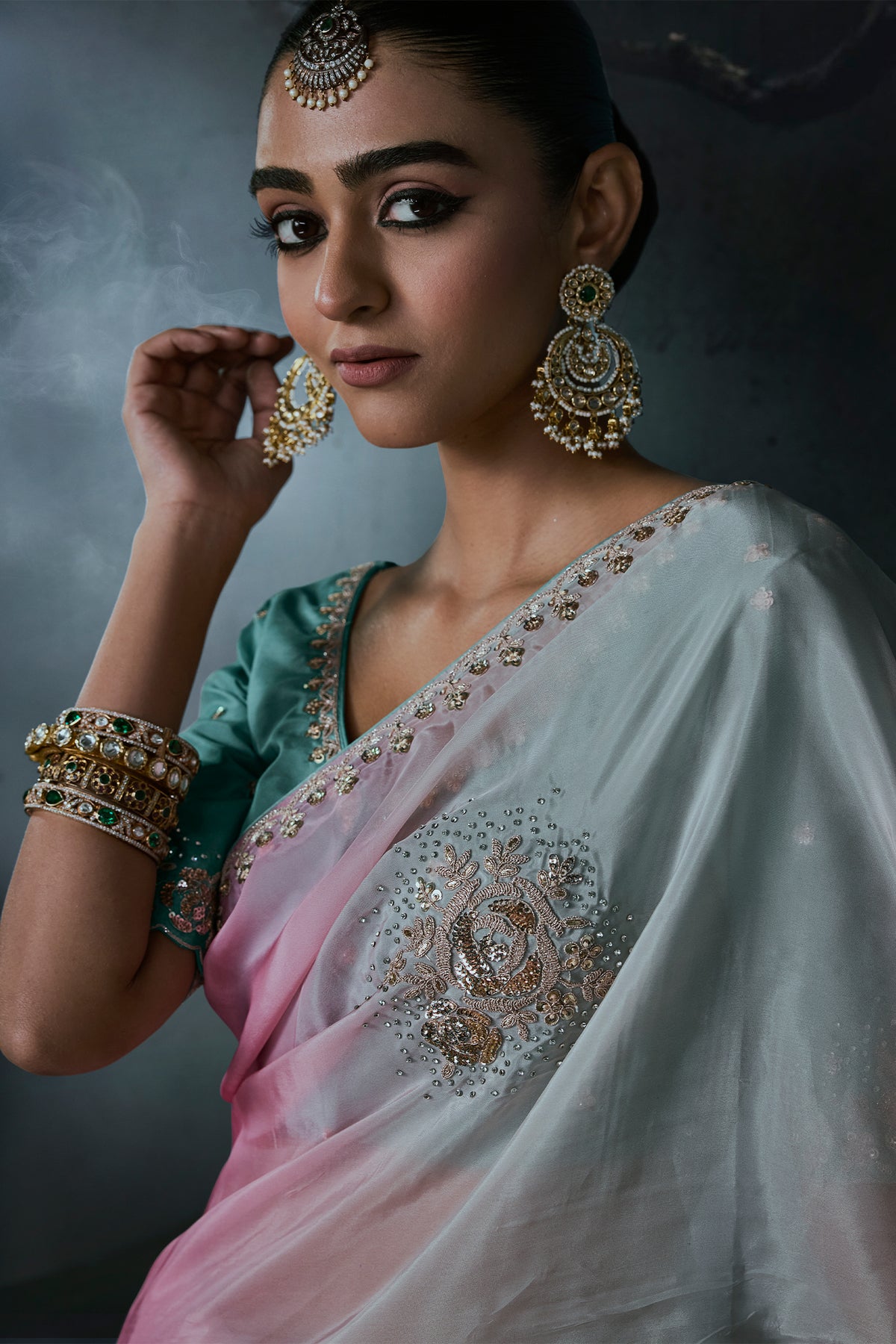 Seafoam to Lavender Ombre Dual-Tone Tissue Silk Saree with Delicate Gold Trims
