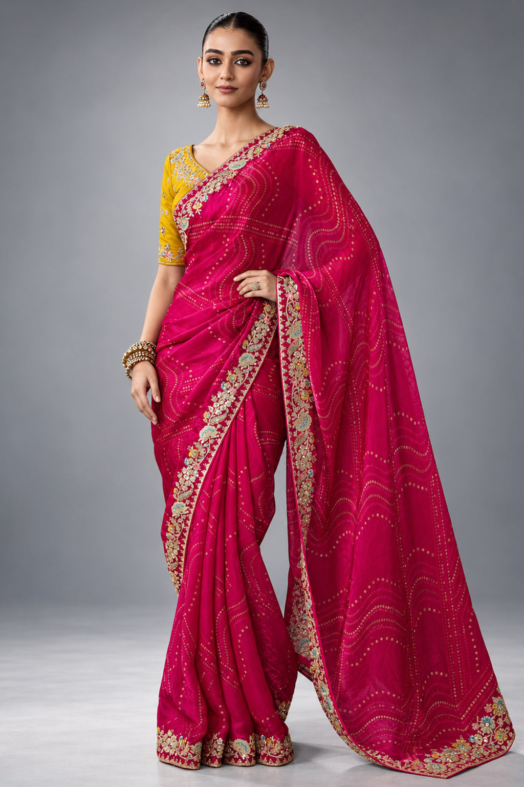 Vibrant Pink Organza Designer Saree with Thread & Sequined Fancy Border