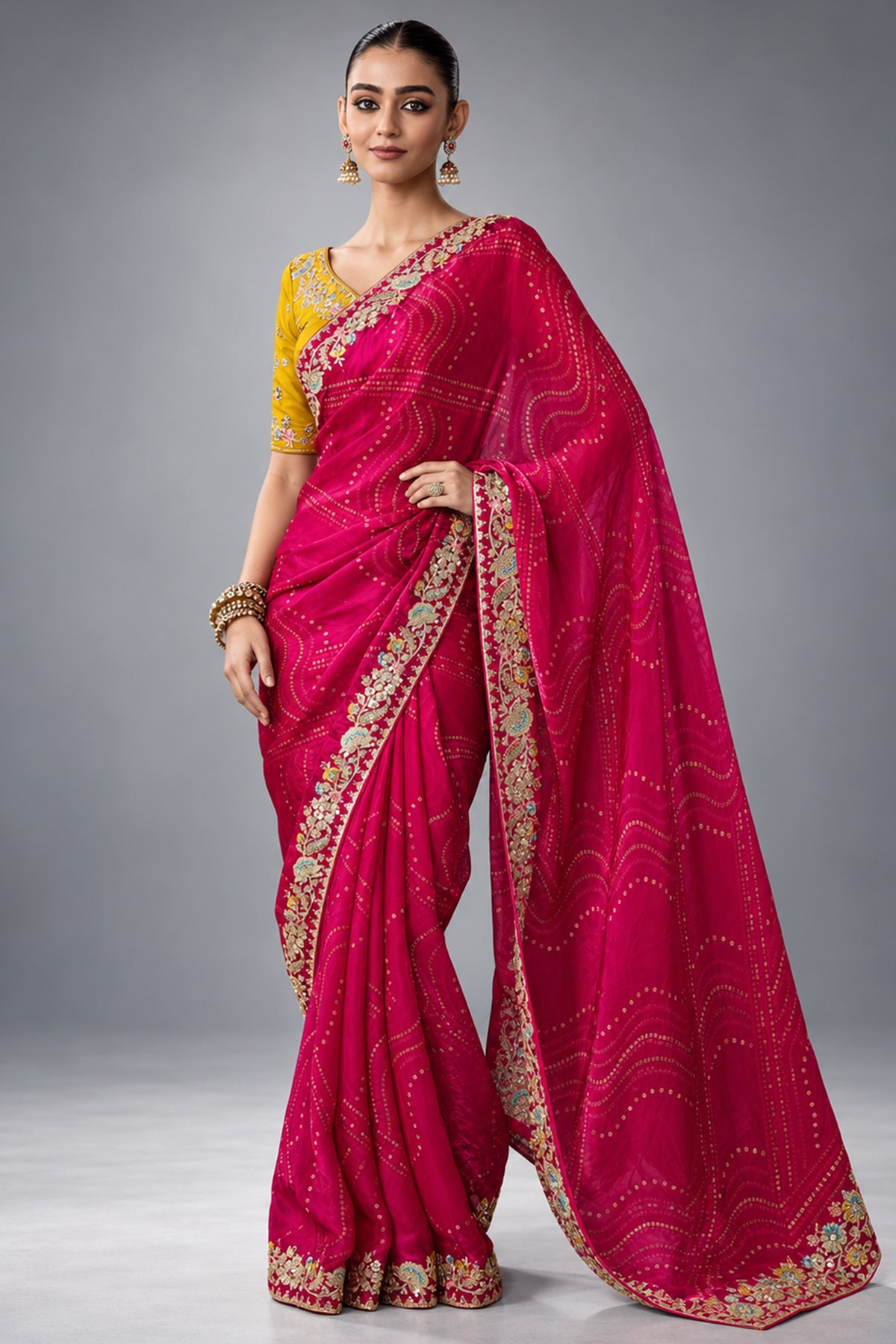 Vibrant Pink Organza Designer Saree with Thread & Sequined Fancy Border