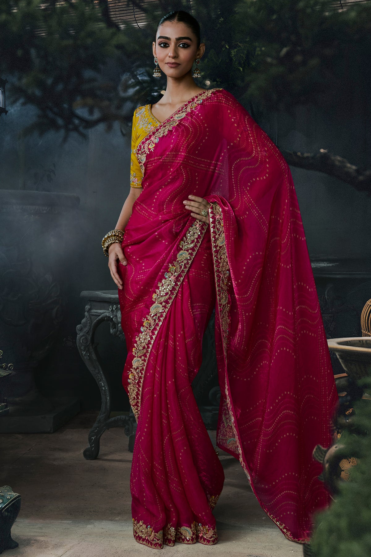 Vibrant Pink Organza Designer Saree with Thread & Sequined Fancy Border