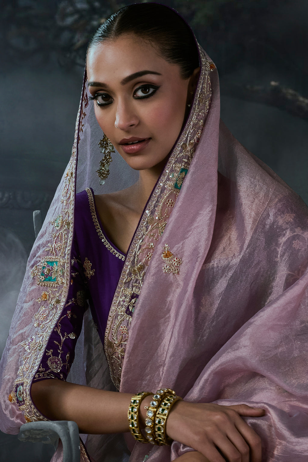 Pastel Purple Tissue Silk Saree with Delicate Stone Work & Fancy Borders