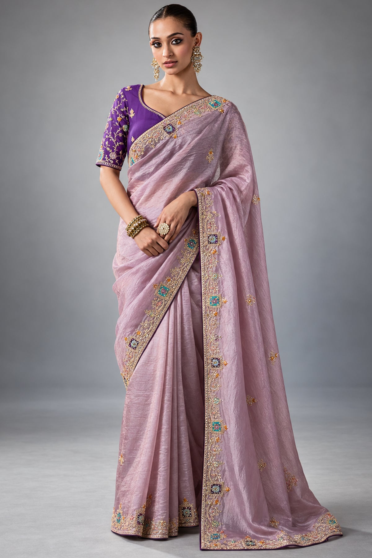 Pastel Purple Tissue Silk Saree with Delicate Stone Work & Fancy Borders
