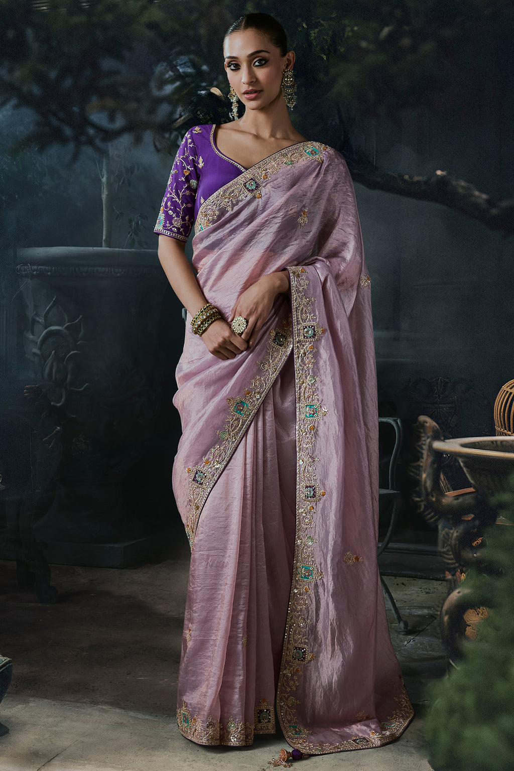 Pastel Purple Tissue Silk Saree with Delicate Stone Work & Fancy Borders