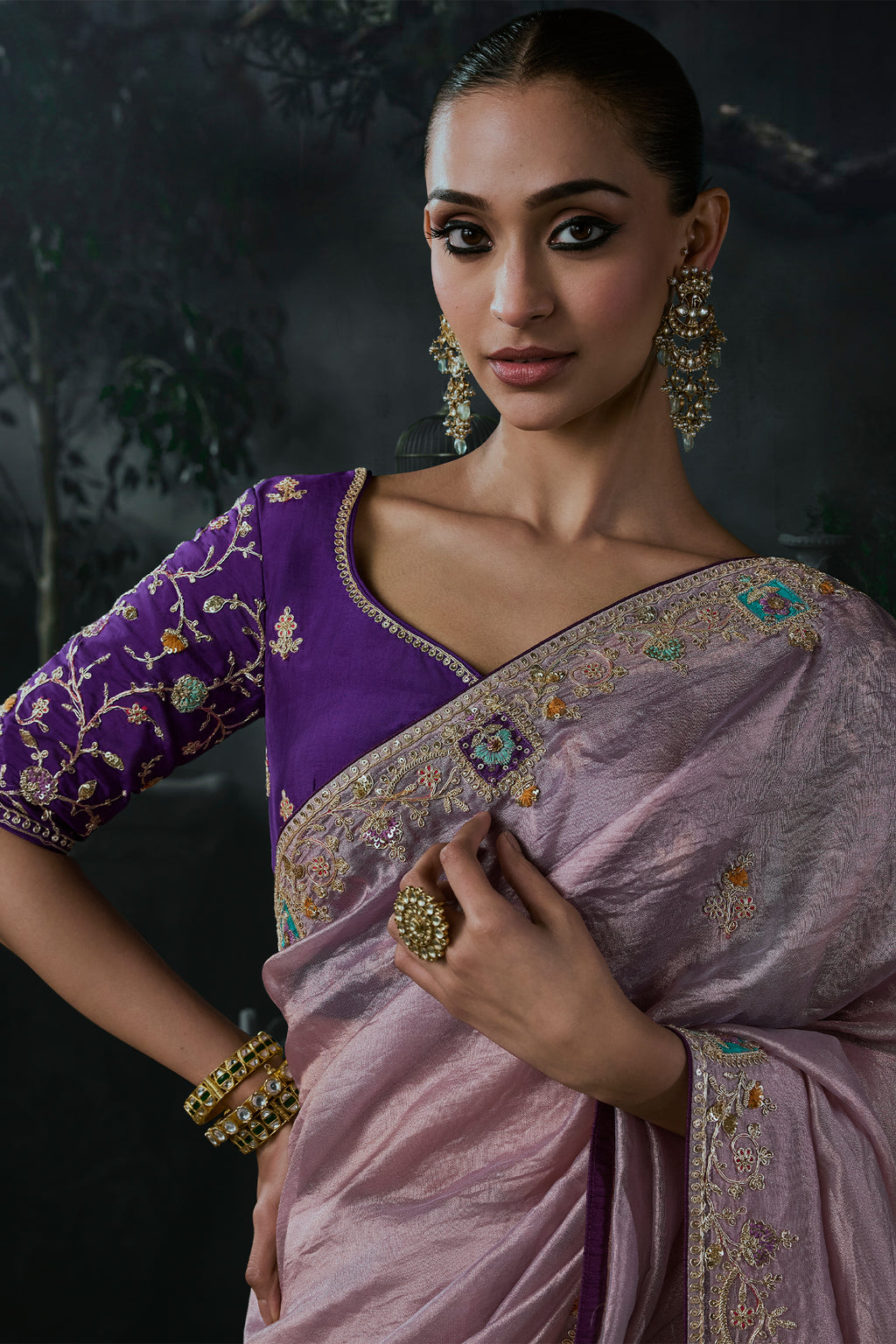 Pastel Purple Tissue Silk Saree with Delicate Stone Work & Fancy Borders