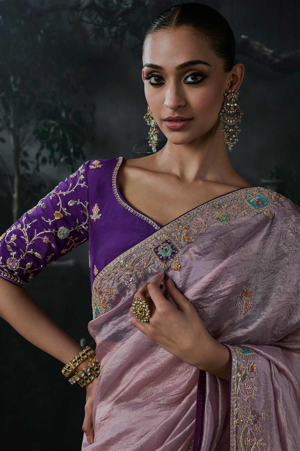 Pastel Purple Tissue Silk Saree with Delicate Stone Work & Fancy Borders