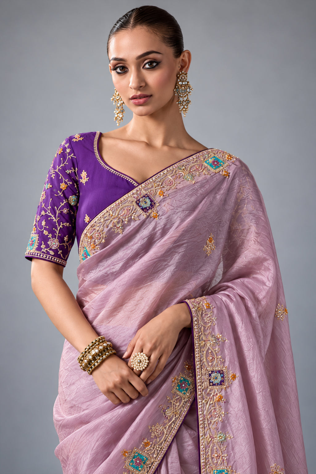 Pastel Purple Tissue Silk Saree with Delicate Stone Work & Fancy Borders