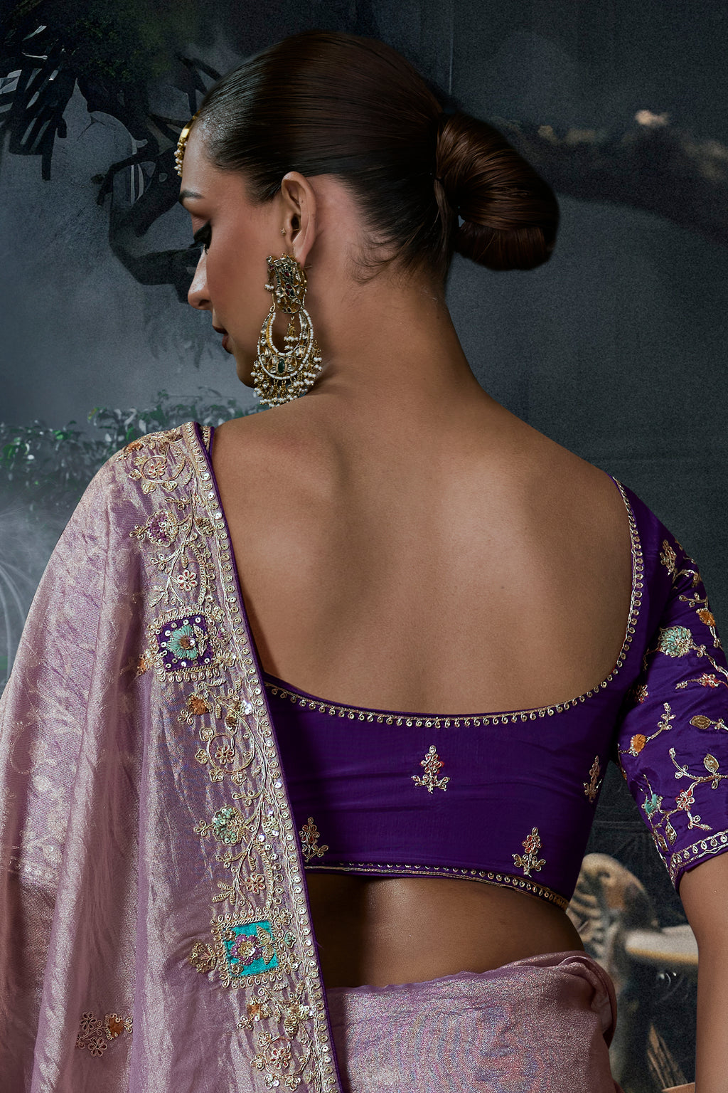 Pastel Purple Tissue Silk Saree with Delicate Stone Work & Fancy Borders