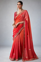 Warm Peach and Red Soft Tissue Organza Saree with Embellished Border