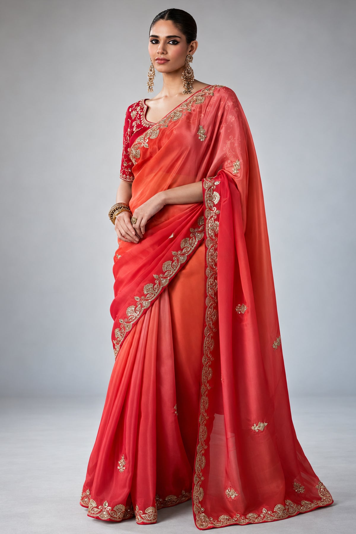 Warm Peach and Red Soft Tissue Organza Saree with Embellished Border