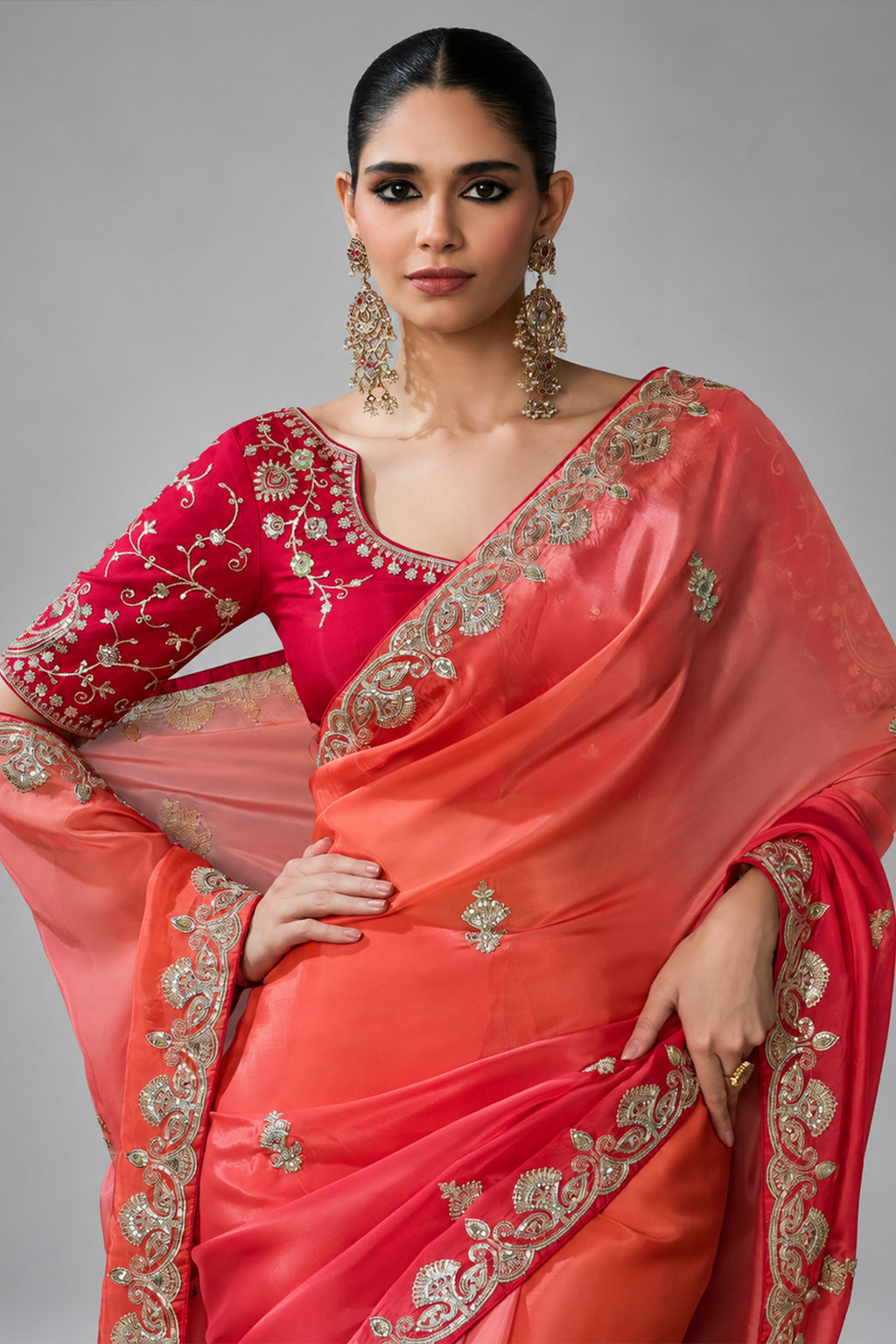 Warm Peach and Red Soft Tissue Organza Saree with Embellished Border