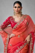Warm Peach and Red Soft Tissue Organza Saree with Embellished Border
