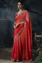 Warm Peach and Red Soft Tissue Organza Saree with Embellished Border