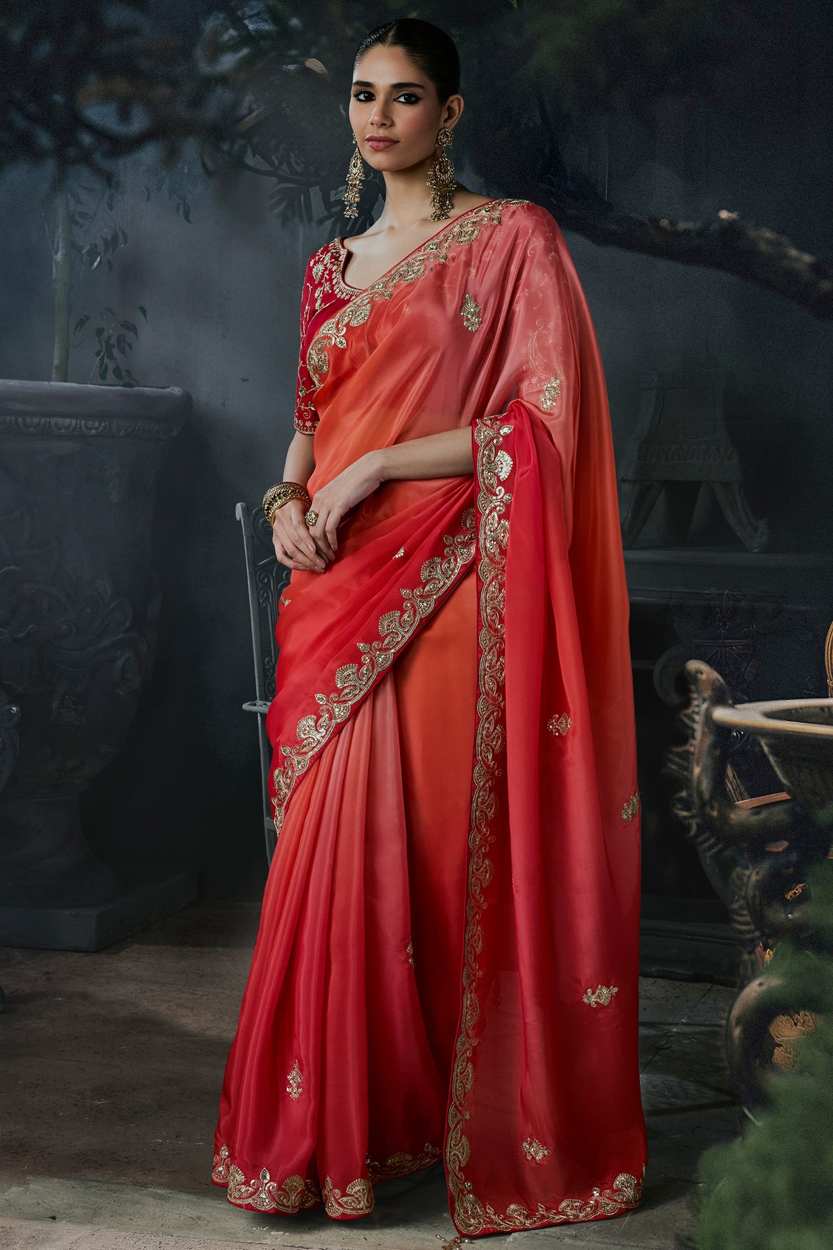 Warm Peach and Red Soft Tissue Organza Saree with Embellished Border