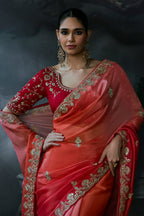 Warm Peach and Red Soft Tissue Organza Saree with Embellished Border