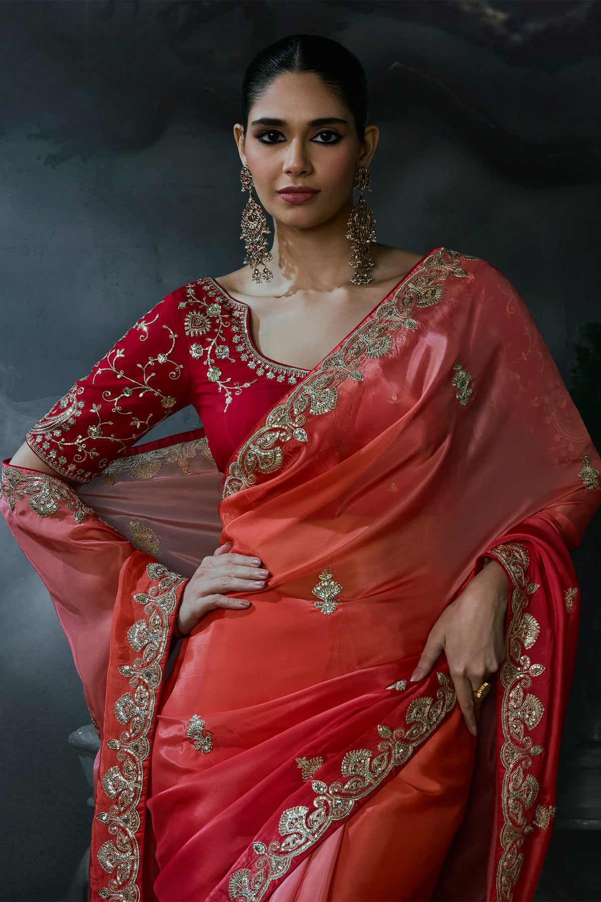 Warm Peach and Red Soft Tissue Organza Saree with Embellished Border