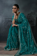 Rich Teal Turquoise Tissue Silk Saree with Allover Sequins & Stone Border Work
