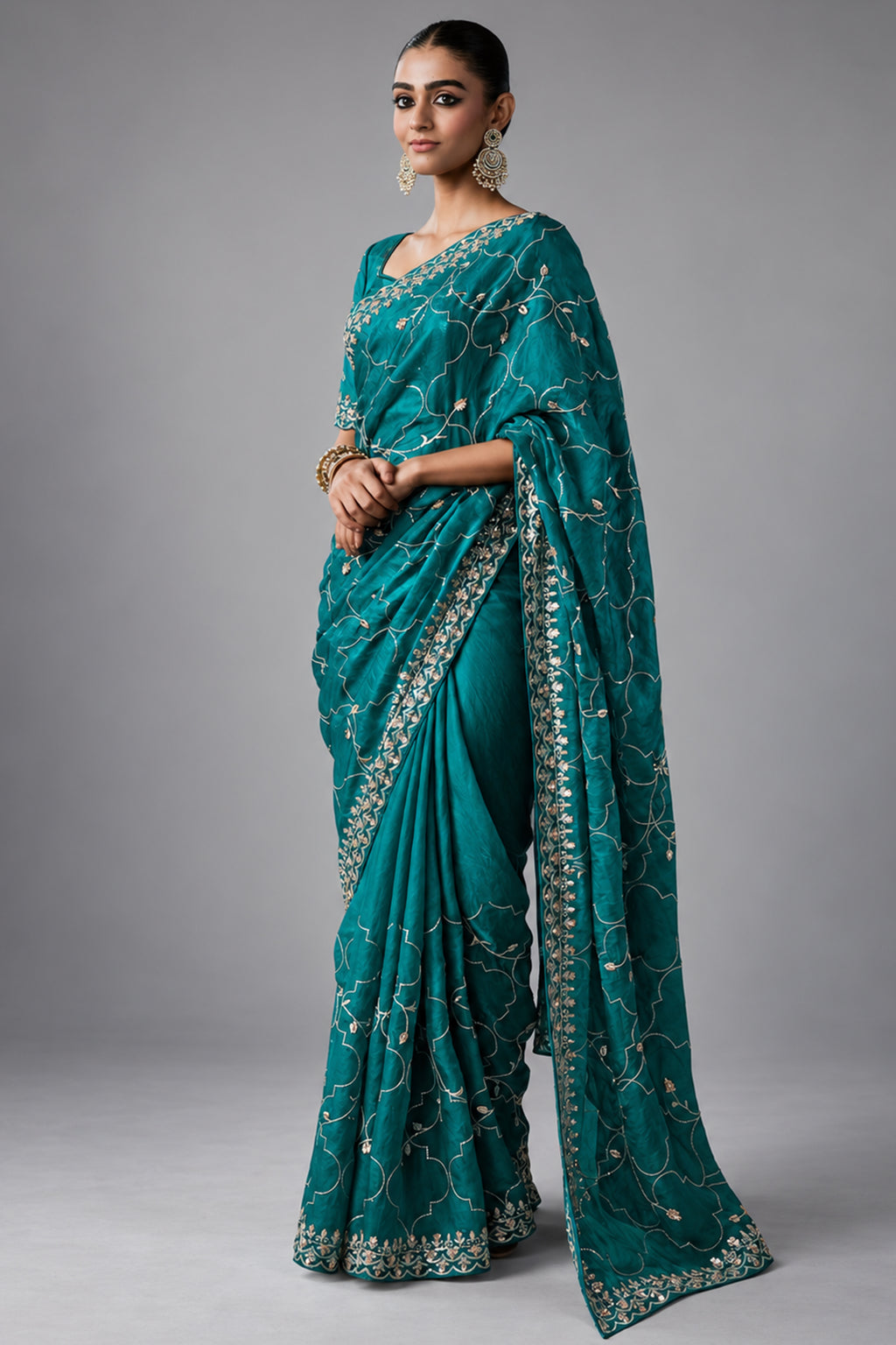 Rich Teal Turquoise Tissue Silk Saree with Allover Sequins & Stone Border Work