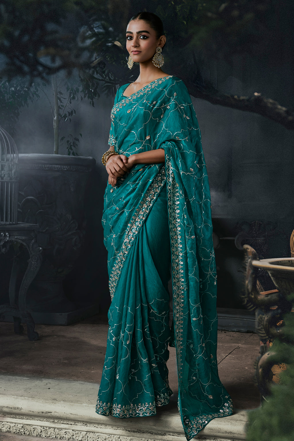 Rich Teal Turquoise Tissue Silk Saree with Allover Sequins & Stone Border Work