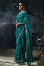 Rich Teal Turquoise Tissue Silk Saree with Allover Sequins & Stone Border Work