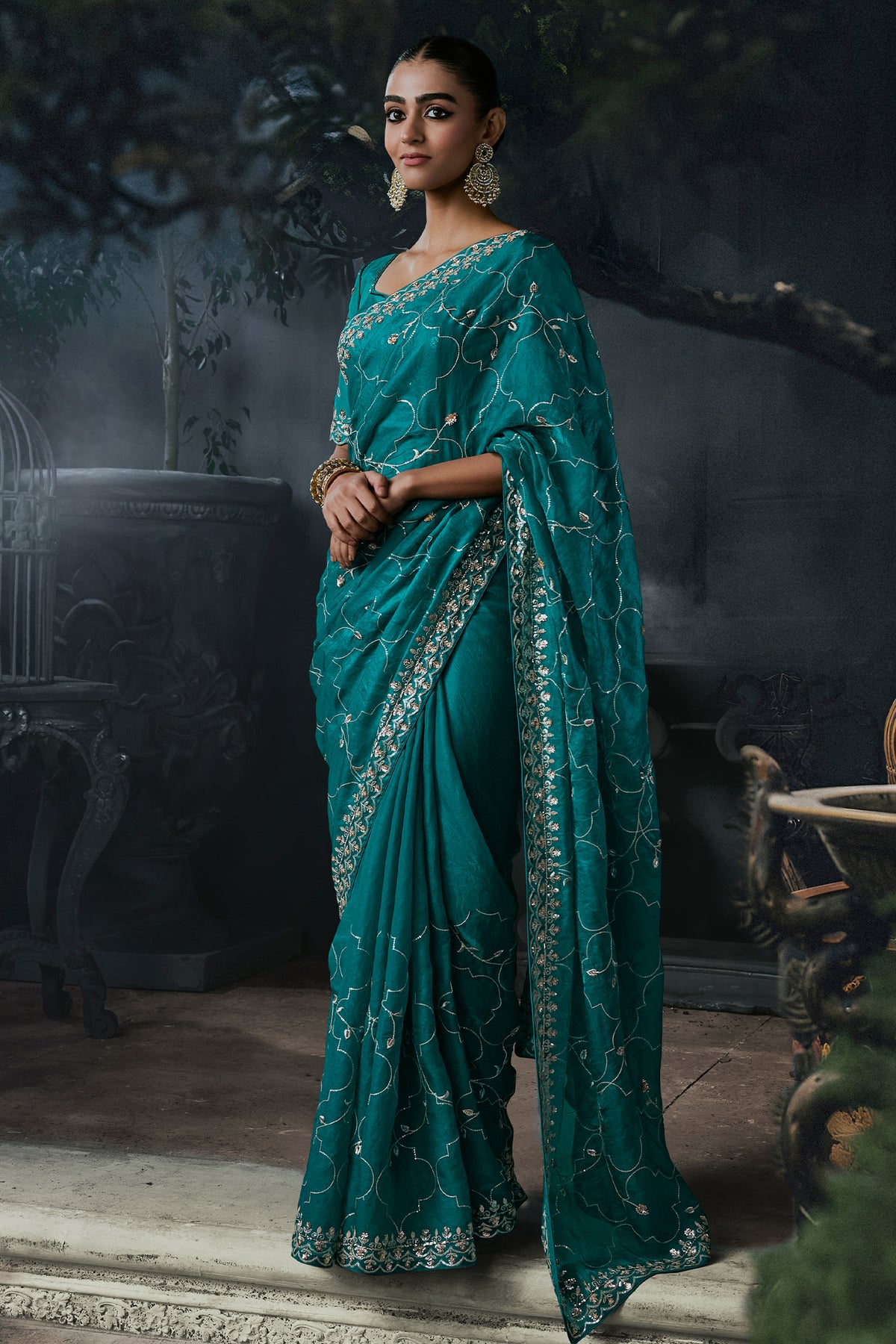 Rich Teal Turquoise Tissue Silk Saree with Allover Sequins & Stone Border Work