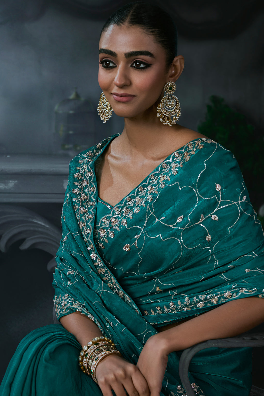 Rich Teal Turquoise Tissue Silk Saree with Allover Sequins & Stone Border Work