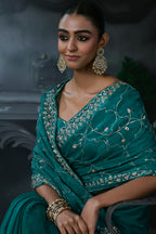 Rich Teal Turquoise Tissue Silk Saree with Allover Sequins & Stone Border Work