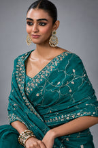 Rich Teal Turquoise Tissue Silk Saree with Allover Sequins & Stone Border Work