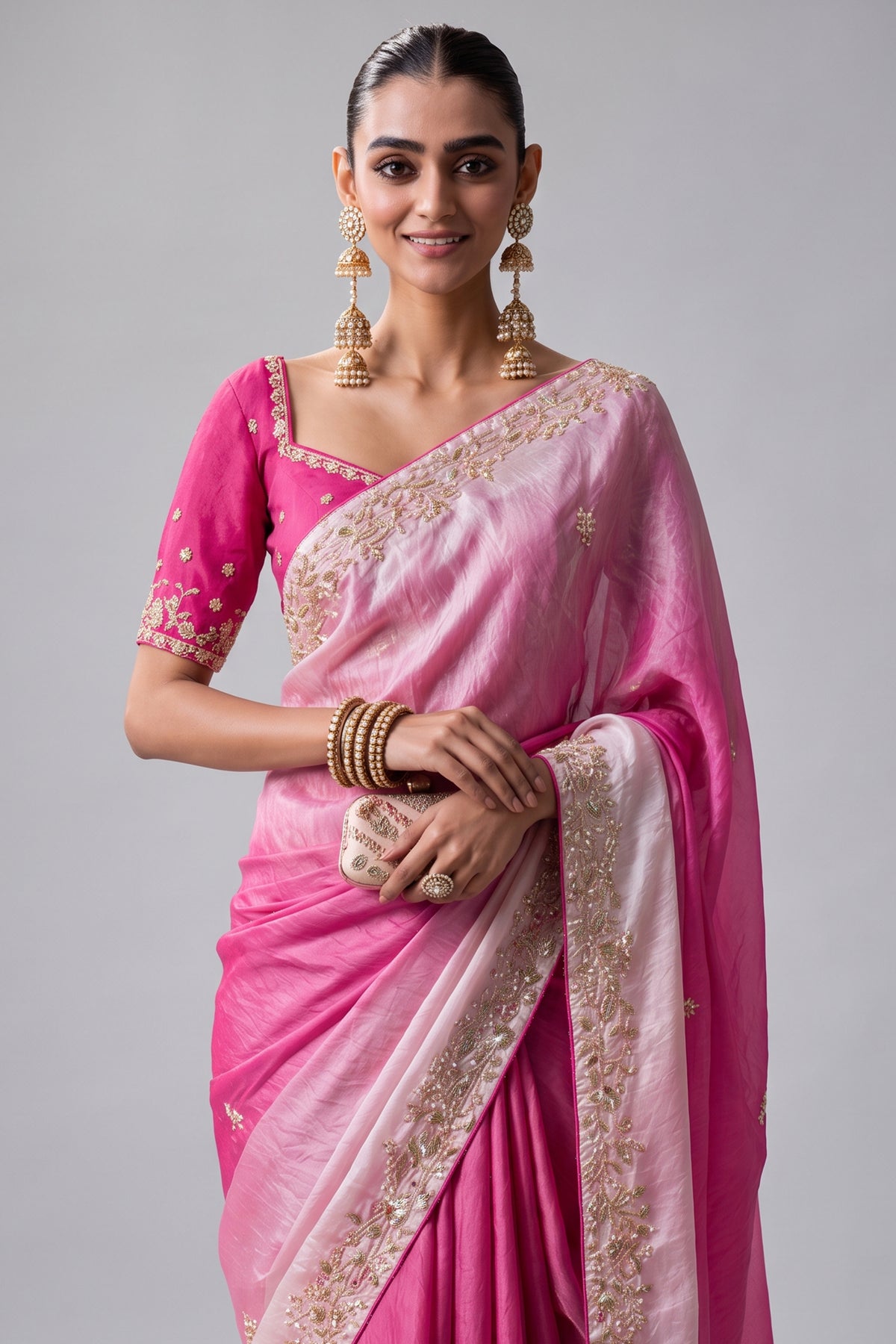 Two-Tone Pink Organza Designer Saree with Intricate Embroidered Trims